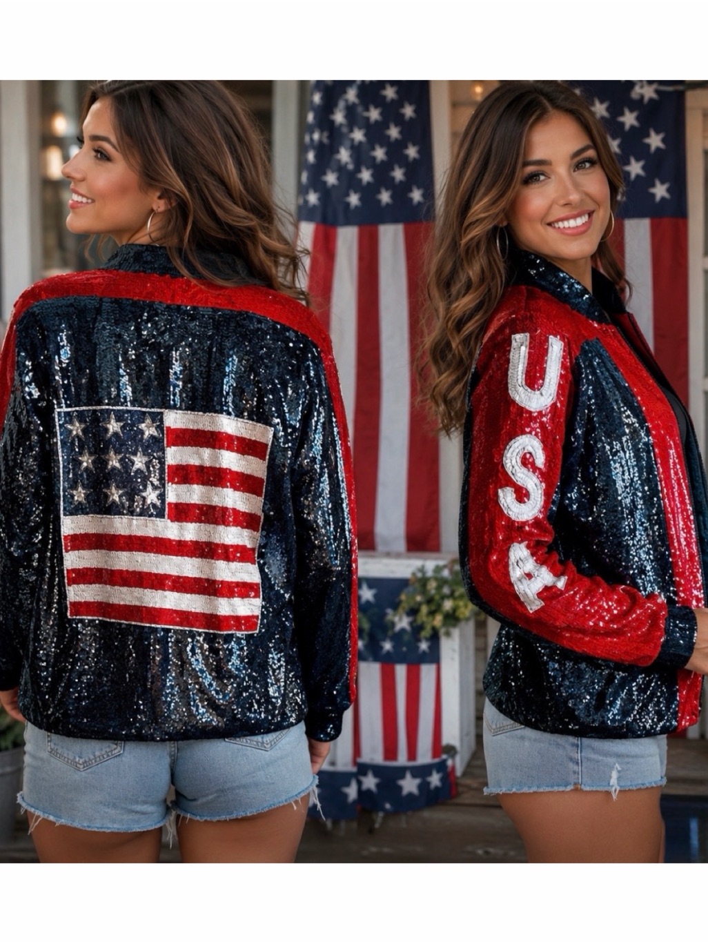 Nwt Rare Vintage Modi 1980s Usa Red, White Blue Sequin Zip Bomber Jacket L 10-12